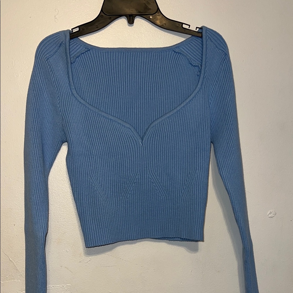 Blue Ribbed Knit Crop Top - Picture 4 of 5